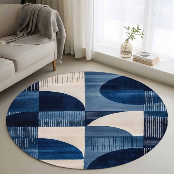 Navy Blue Geometric Round Rug 3ft Washable Circle Entryway Rugs Non Slip Abstract Art Color Block Area Rug Indoor Floor Carpet for Bedroom Kitchen Living Room Home Office Dining Room Nursery