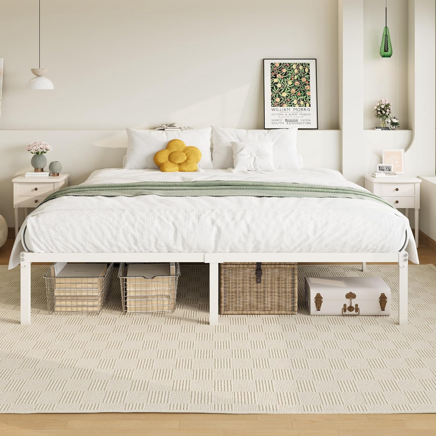 LUDYSHARE King Size Bed Frame, 14 inch Metal Platform Beds with Storage Space, No Box Spring Needed and Easy Assembly, White