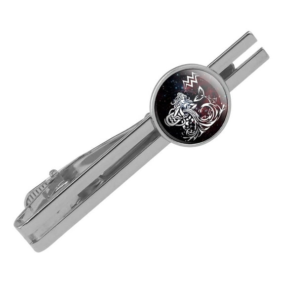 Aquarius Water-Bearer Zodiac Sign Horoscope in Space Round Tie Bar Clip Clasp Tack Silver Color Plated