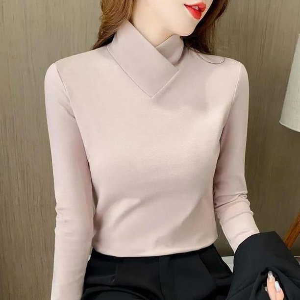 Camisa térmica de cuello alto medio cepillada de doble cara para mujer, camiseta ajustada gruesa que combina con todo, camiseta de fondo para mujer