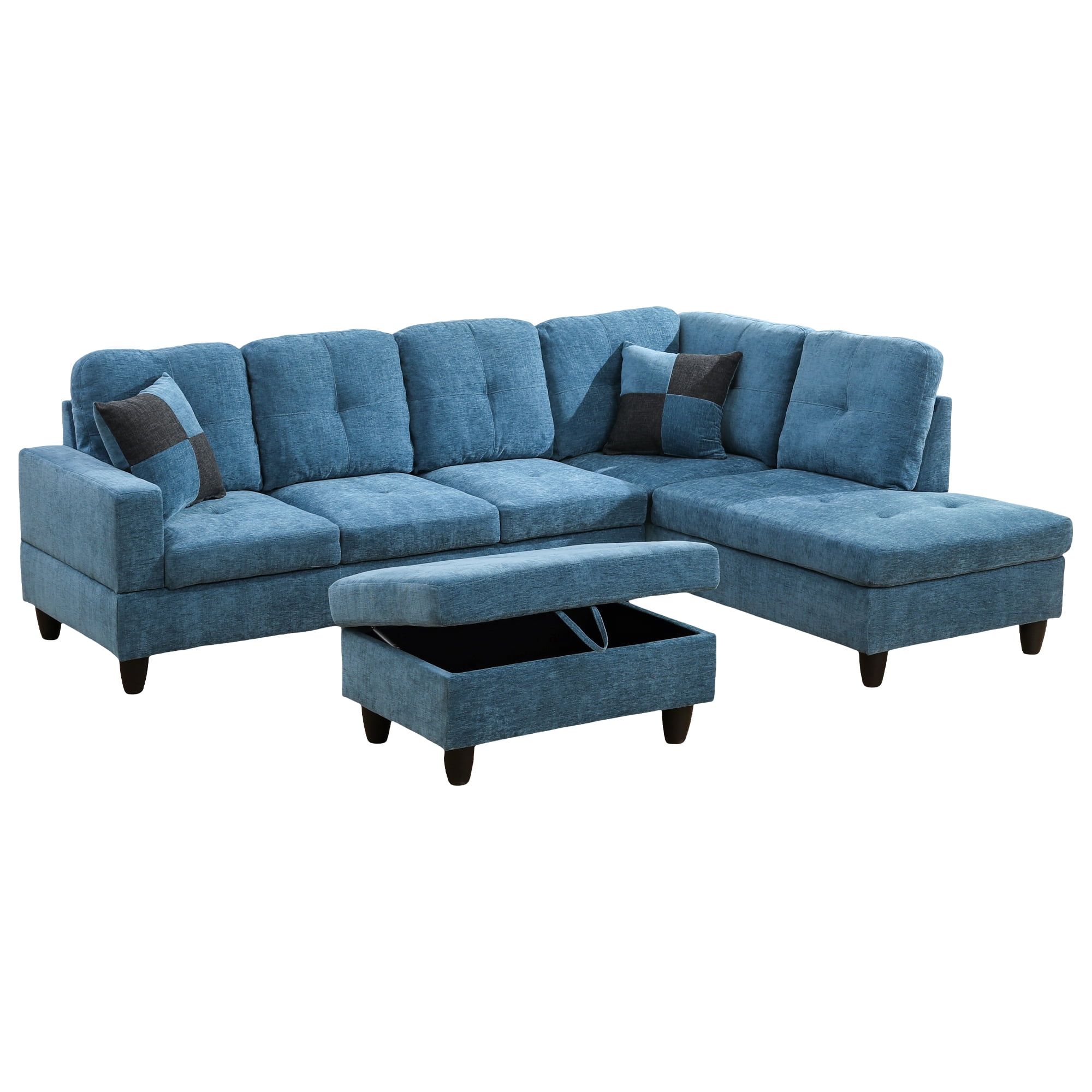Aukfa 103" Sectional Sofa with Storage Ottoman, L Shape Couch for Living Room, Right Facing Chaise, Flannel, Blue