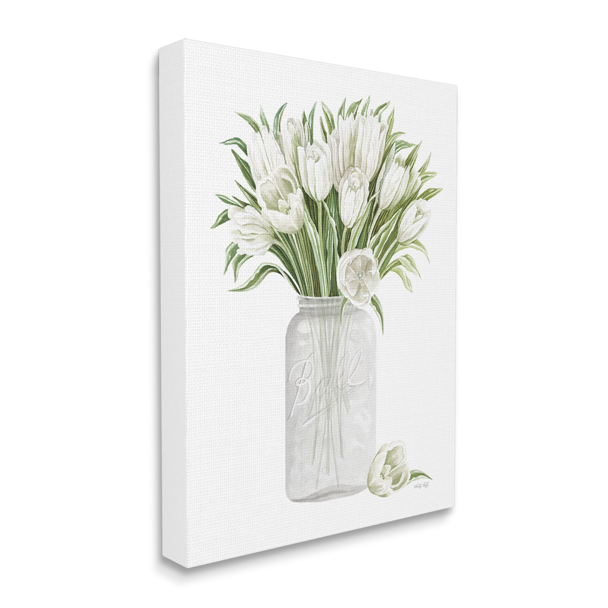 Stupell Industries White Tulips Rustic Country Jar Falling Blooms Painting Gallery Wrapped Canvas Print Wall Art, Design by Cindy Jacobs