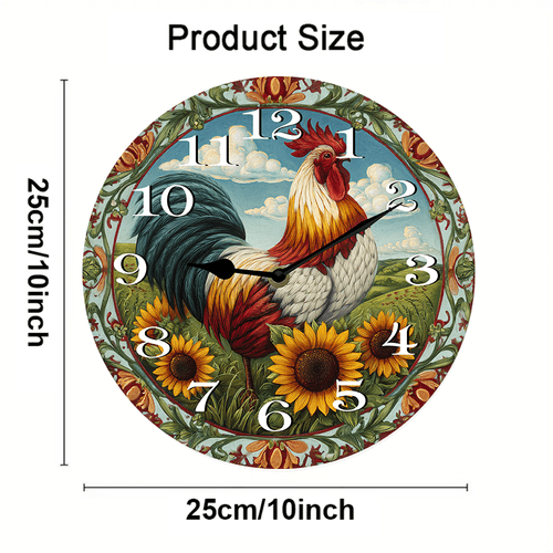Kurmntregon Cute Rooster Wall Clock Chicken Kitchen Wooden Clock For Living Room, Battery Operated Easy To Read Bedroom, Bathroom And Kitchen Housewarming Seasonal Round 10"