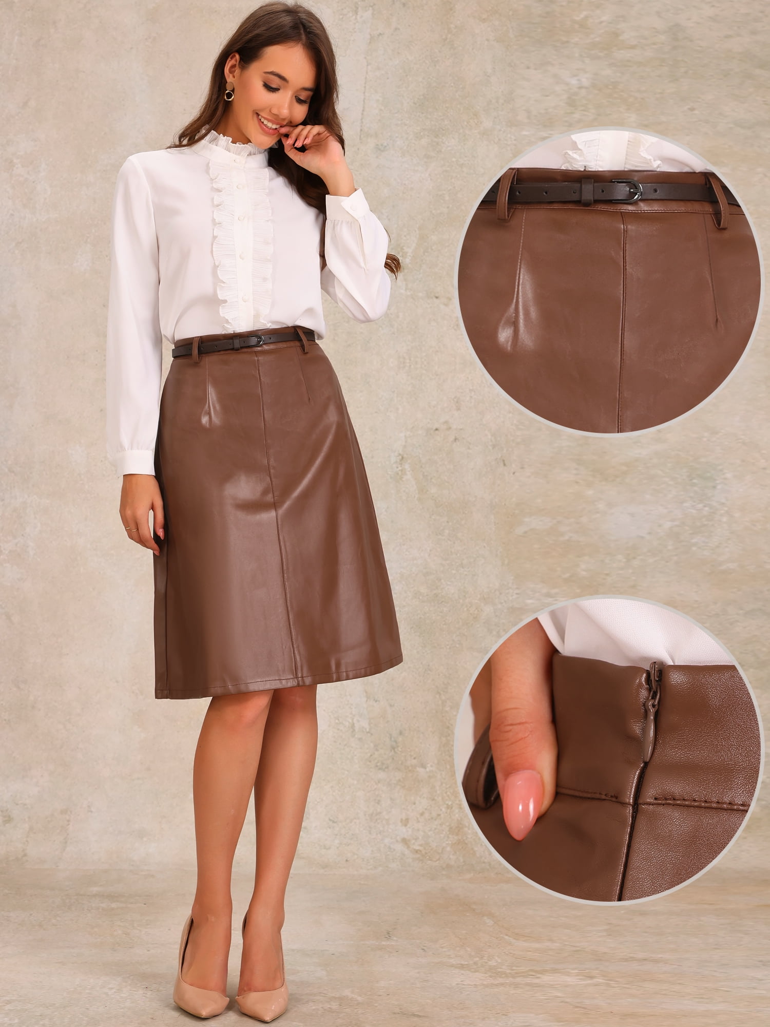 DARING DIVA Women A-Line High Waist PU Faux Leather Belted Midi Skirt XS Brown