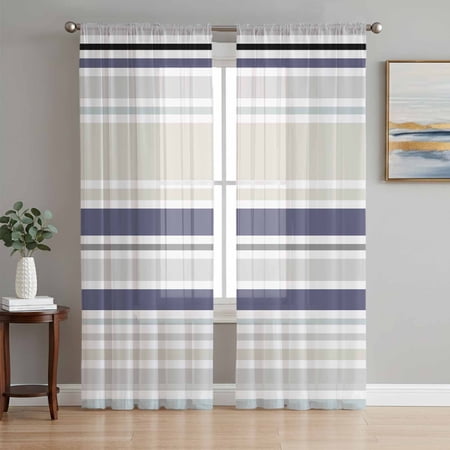 Beige Stripe Semi Sheer Curtains 72 Inch Length 2 Panels Set Modern Abstract Art Navy Blue Striped Rustic Sheer Kitchen Curtain Privacy Voile Window Curtain for Living Room Bedroom Rod Pocket Drapes