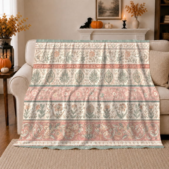 Vintage Floral Striped Artwork Pattern, Cozy Botanical Garden Scene, Warm Flannel Blanket for Sunroom and Reading Nook, Garden Lovers Thanksgiving Gift, Botanical Home Decor