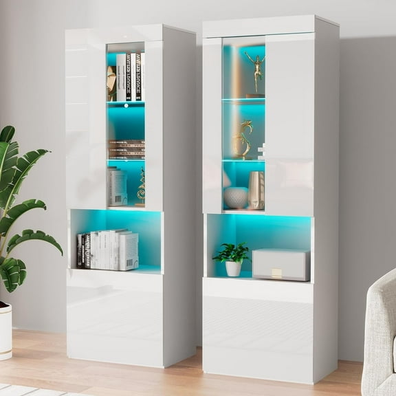Merluxy 2 Piece Bookcase Storage Cabinet, Wood Glossy Bookshelf with 3-Tier Shelves, Living Room, White