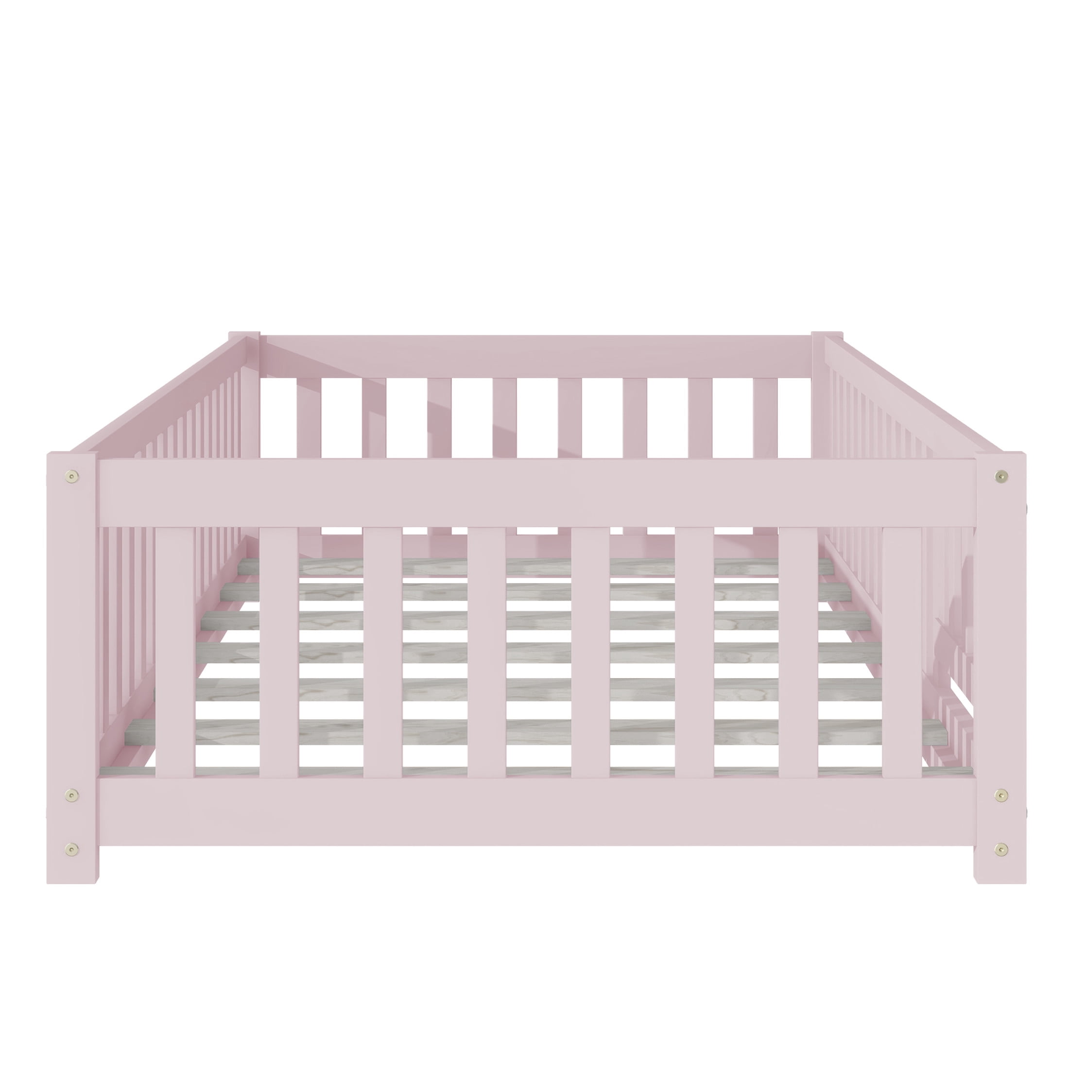 Noble House Mira Twin Floor Bed with Fence and Door, Sturdy Rubber Wood Montessori Bed Frame, Kid's Room, Pink