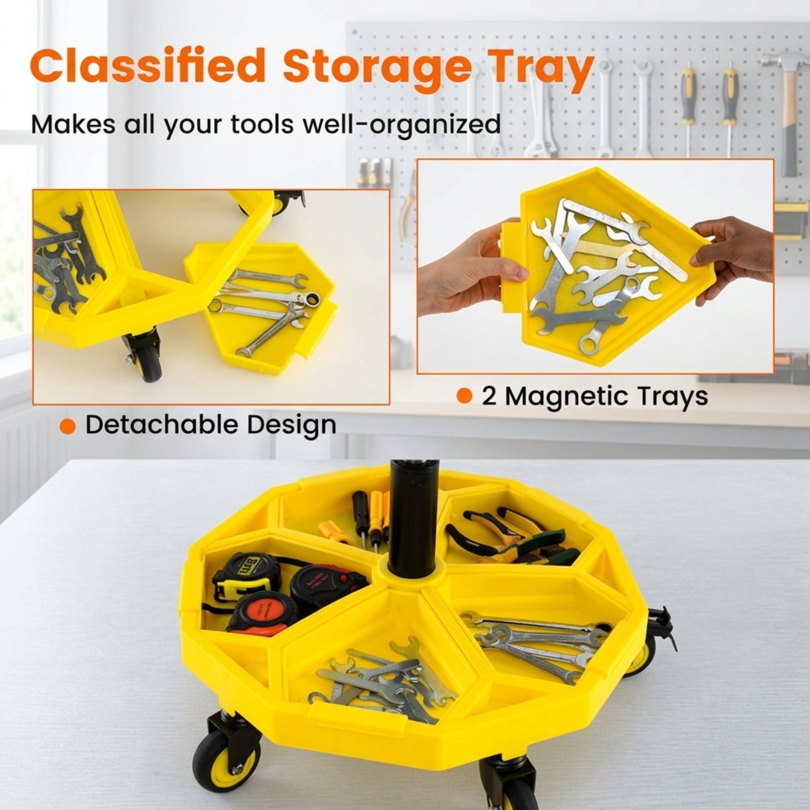 Biotree 20 Inch Rolling Mechanic Stool 25" x 20" x 6.3" with Tool Tray for Garage Shop Adjustable Height Shop Seat for Garage, Yellow