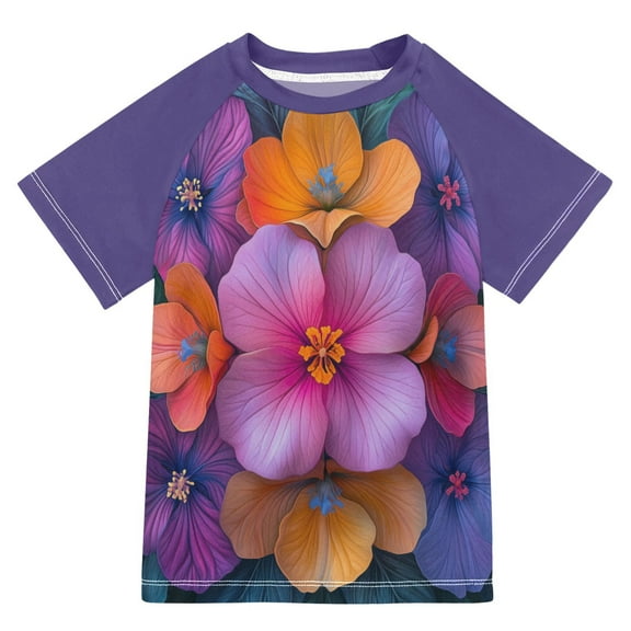FORMRS Boys Rash Guard Short Sleeves Swim Shirt Quick Dry UPF 50 Sun Protection, Sizes 3-12T, Large Purple Flowers