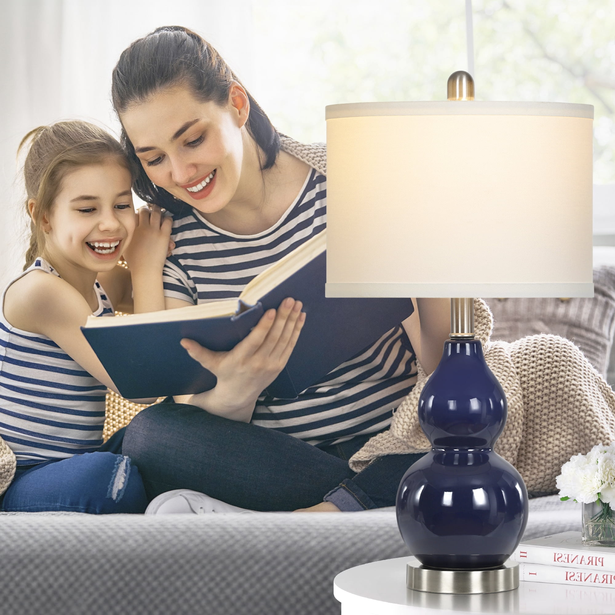Cinkeda Coastal Double Gourd Ceramic Table Lamp Set of 2 for Living Room Bedroom 22" Nautical Blue Bedside Nightstand Lamp with White Shade