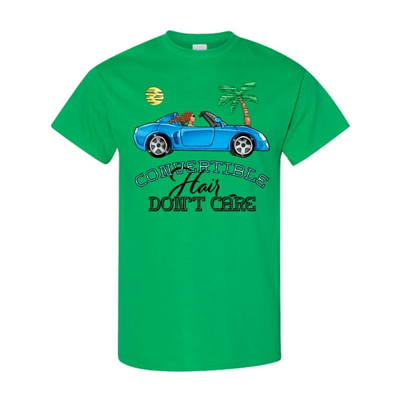 Inktastic Convertible Hair Don't Care with Brown Hair and Blue Car T-Shirt