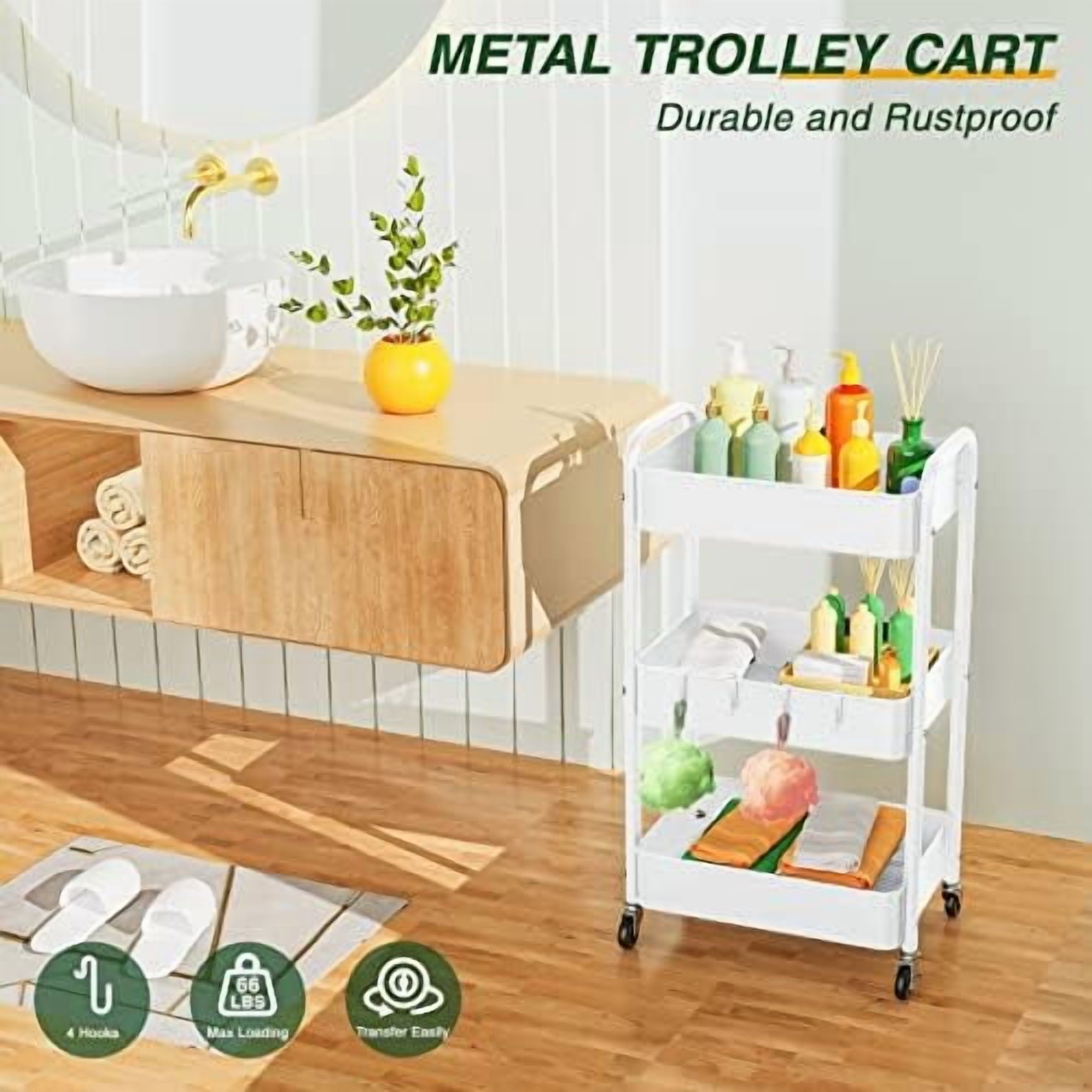 3 Tier Rolling Storage Cart, Metal Trolley Utility Cart with Wheels & Hooks, Easy Assembly Organizer Storage Cart for Bathroom Kitchen Office Bedroom White