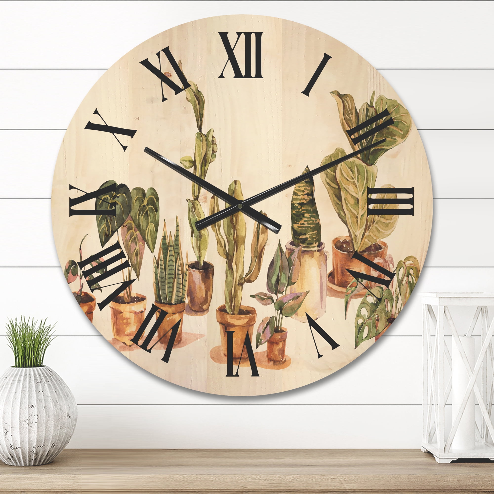 Designart 'Indoor House Plants Urban Jungle in Flowerpots I' Traditional Wood Wall Clock