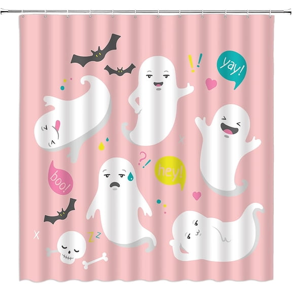 Happy Halloween Shower Curtain Pink Ghost Cute Funny Spooky Boo Cartoon Pumpkin Black Cat Bat Spider Sugar Skull Skeleton Trick Or Treat Happy Holiday Decor Fabric Bathroom Curtain Set With Hook