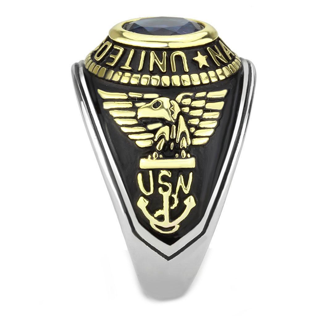US Navy Ring for Men and Women Unisex Stainless Steel Military Patriotic Ring in Black Gold with Blue Stone