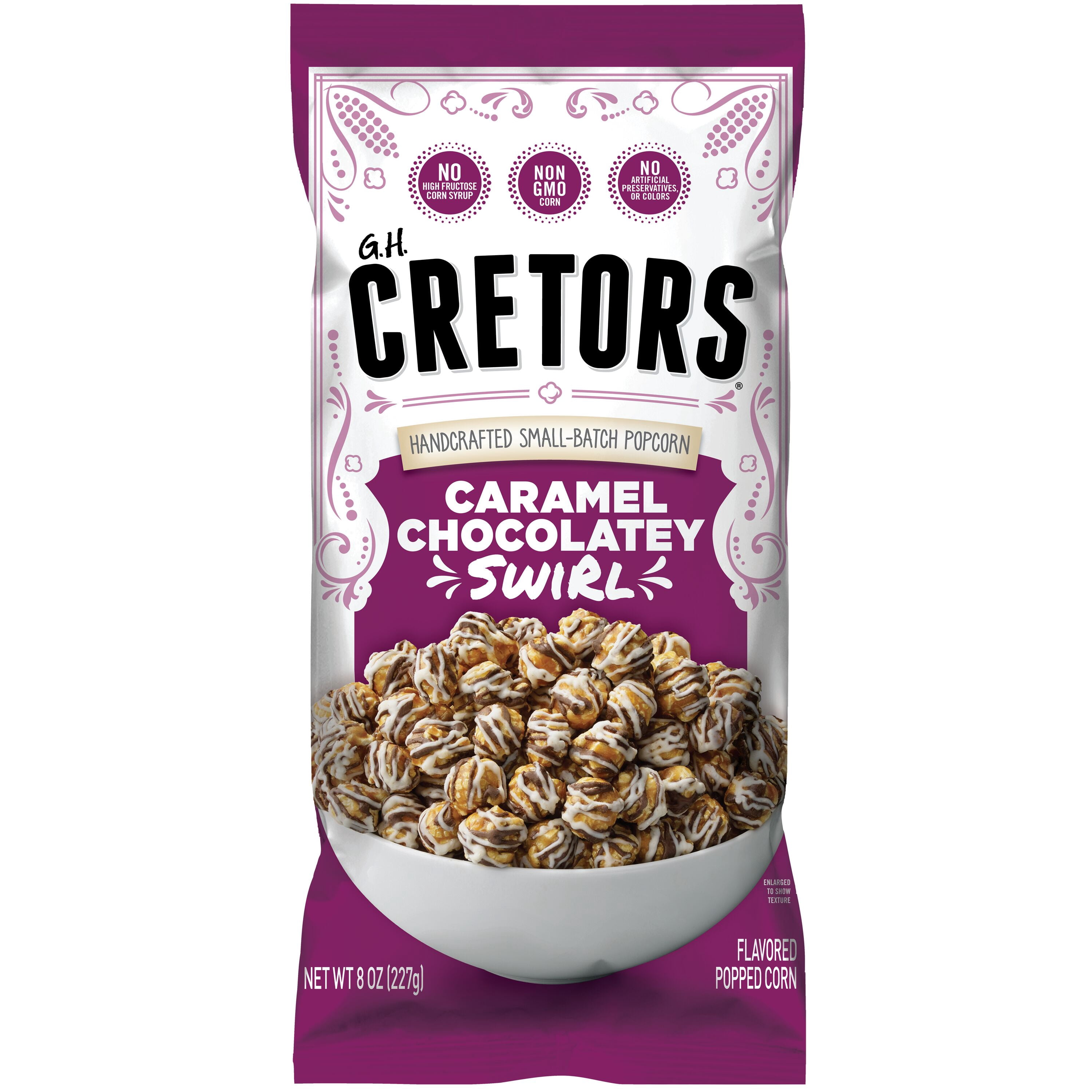 (6 pack) Caramel Chocolatey Swirl Flavored Popped Corn, 8 Ounces Bag.