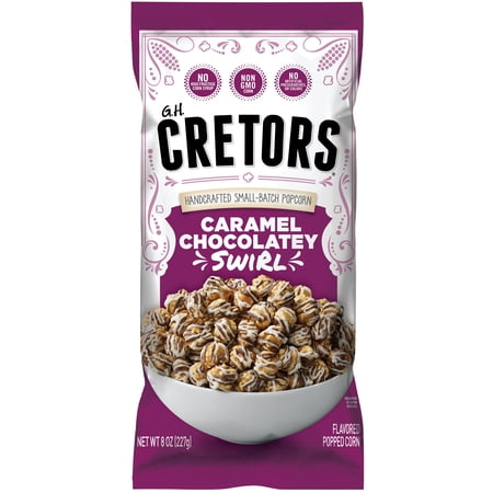 Caramel Chocolatey Swirl Flavored Popped Corn, 8 Ounces Bag.
