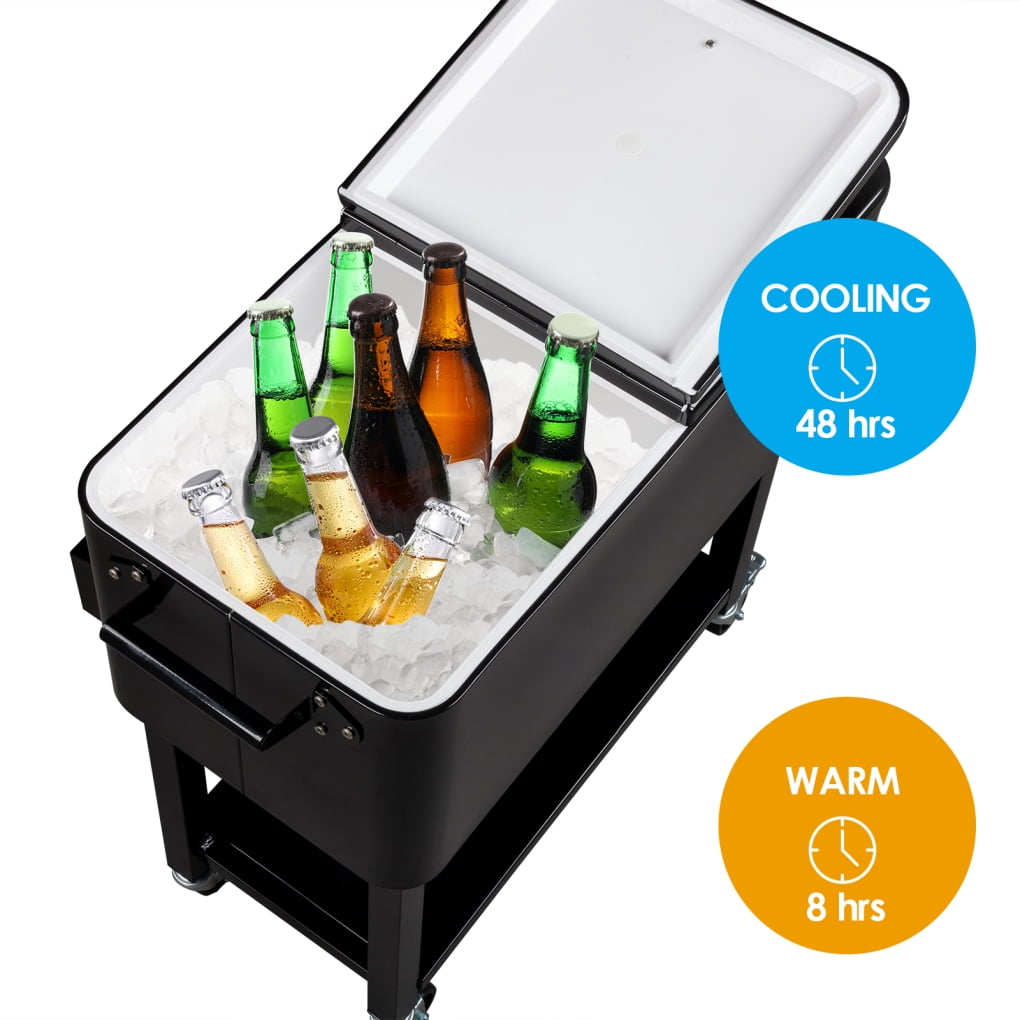 80QT Insulated Cooler Cart, Rectangular Plastic Refrigeration with Opener and Cap Catcher, 2 Side Handles, Cooling 48 Hours, for Outdoor, Black