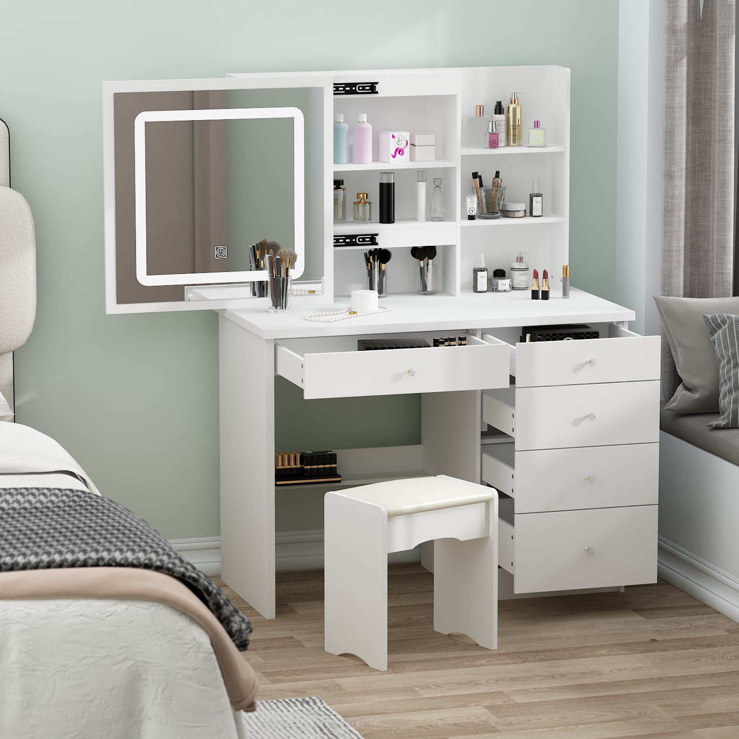 Hitow Makeup Vanity Table Set with Sliding Lighted Mirror, 5 Drawers and Storage  Shelves, Dressing Table Desk with Stool,White 