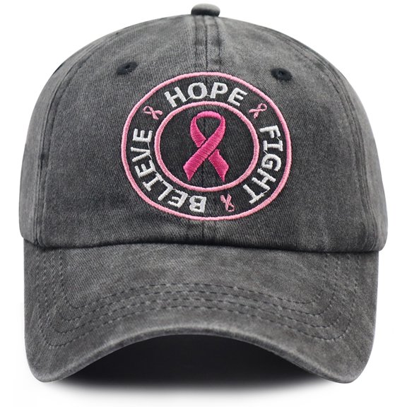 Believe Hope and Fight Hat for Women, Adjustable Cotton Embroidered Pink Ribbon Breast Cancer Baseball Cap