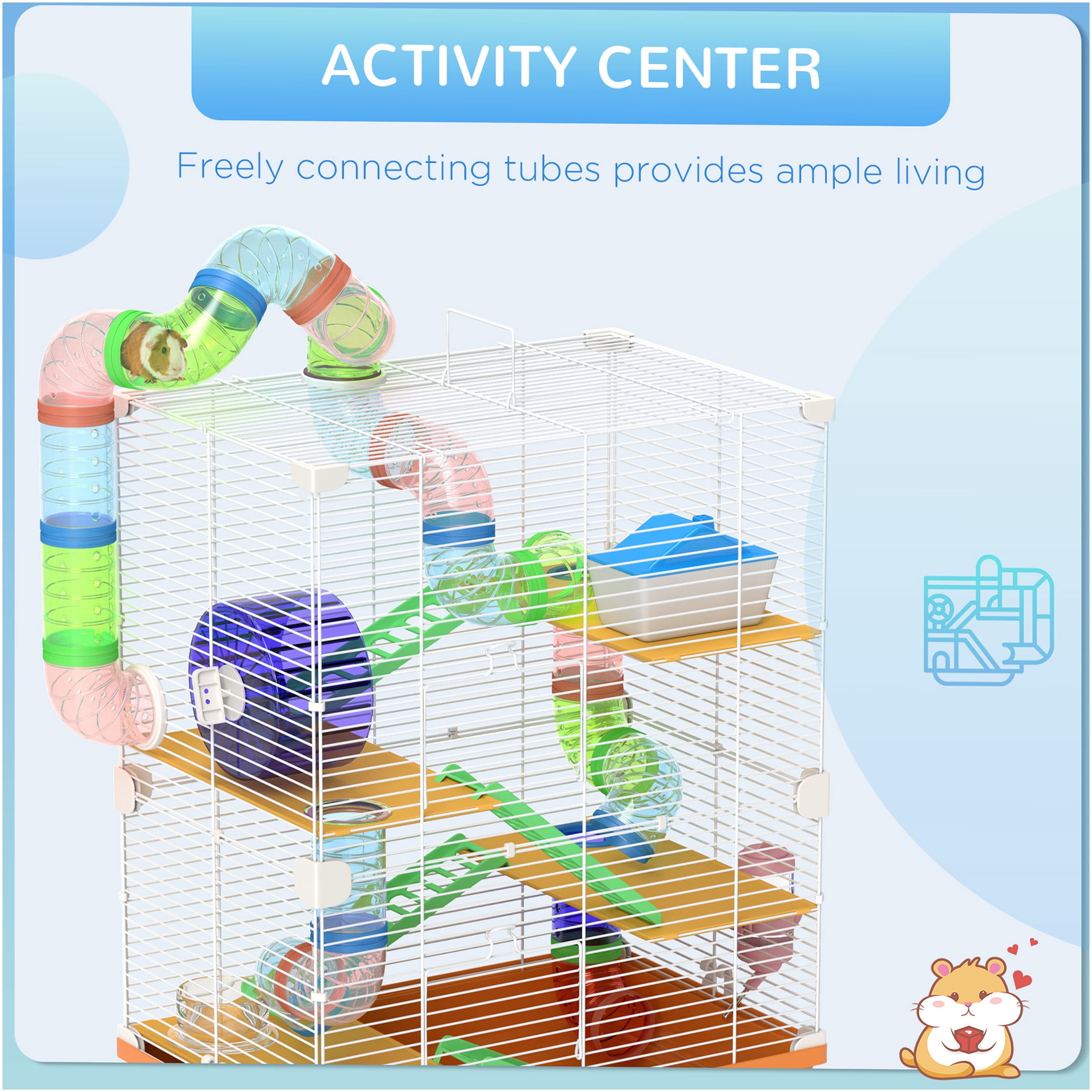 JERFIT 5-Tier Small Animal Cage with Tubes, Exercise Wheel, Water Bottle & Carry Handle, Metal Hamster Habitat for Gerbils, Orange