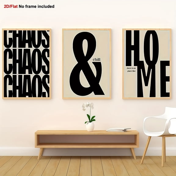 3pcs Modern Farmhouse Boho Canvas Wall Art Set - Black & Beige Large Lettering Typography Posters, Greek Key & Chaos to Calm Phrases, Frameless Living Room Decor, 2D Flat, Perfect for Room Decor, Wa