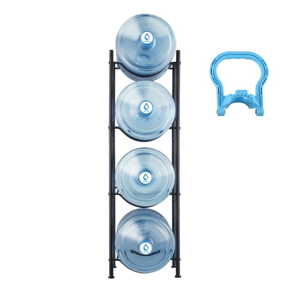 KFFKFF Quad-Level Beverage Container Stand, Holder for 5-Gallon Water Bottles, Single-Row Rack Accommodating 4 Bottles, Sturdy Water Container Organizer for Kitchen, Office, Living Room, Black