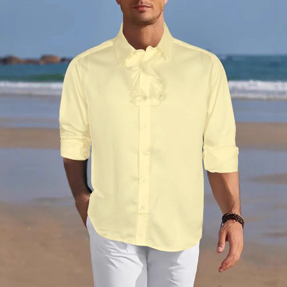 Long Sleeve Shirts for Men Ruffle Button-Down Collared Tshirts Shirt Mens Trendy Solid Color Loose Breathable Wedding Guest Tops