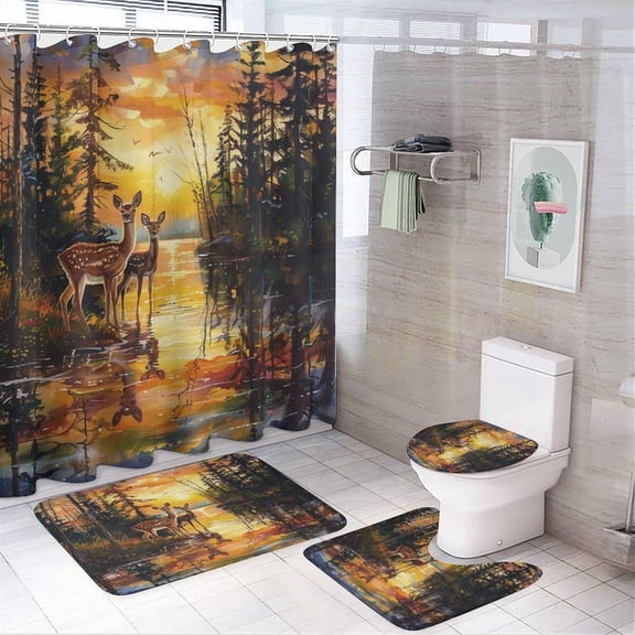 Watercolor Forest Cabin Deer 4 Pcs Shower Curtain,Rustic Natural Sunset Hunting Wildlife Deer Shower Curtain Set Non-Slip Rugs Toilet Lid Cover Bath Mat 12 Hooks