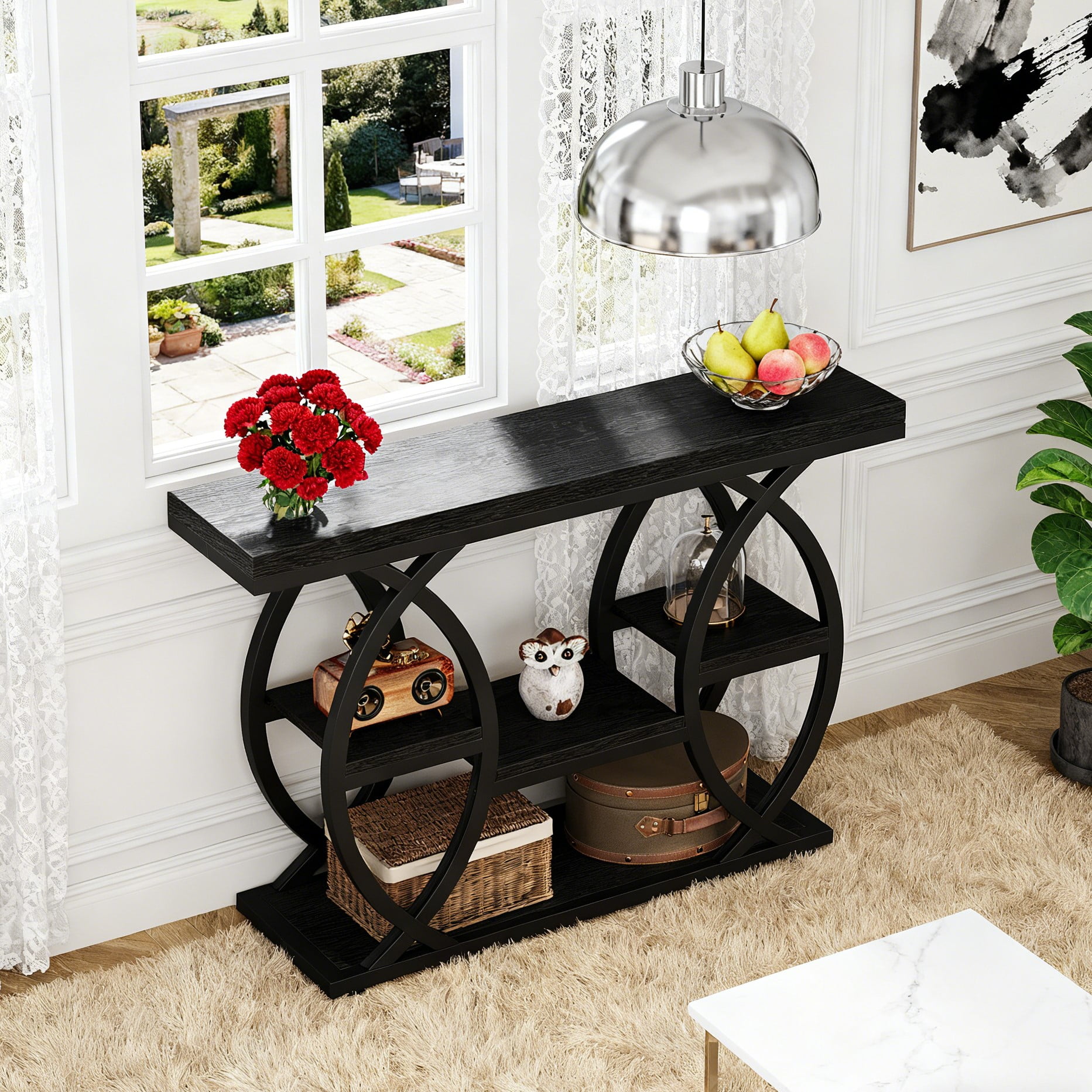 Fnova 39.4" Industrial Console Table, 4-Tier Retro Staggered Storage Shelves, Narrow Wood Accent Table with Metal Frame, for Small Spaces, Entryway, Sofa, Hallway