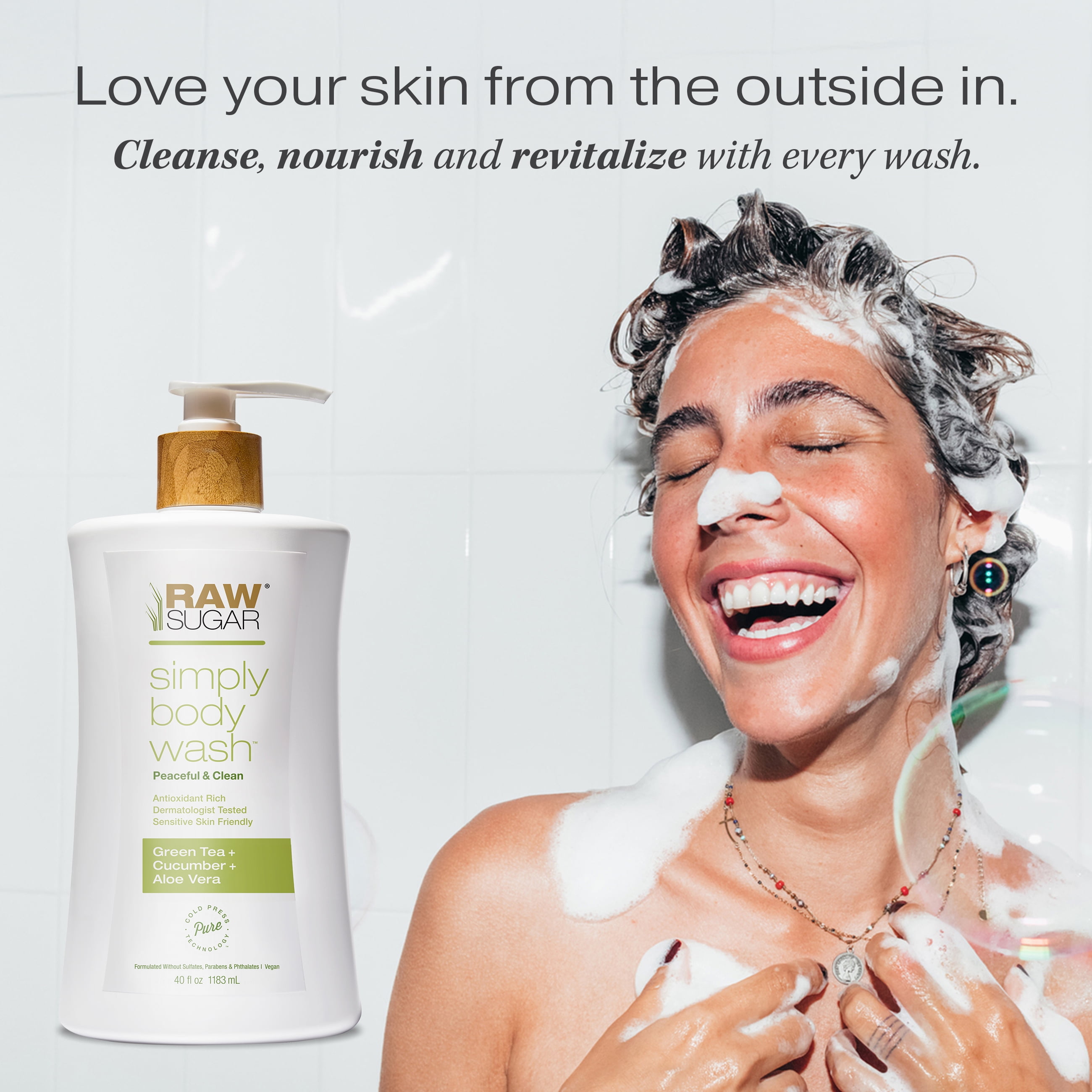 Raw Sugar Simply Body Wash for Sensitive Skin, Green Tea + Cucumber + Aloe Vera, 40 fl oz