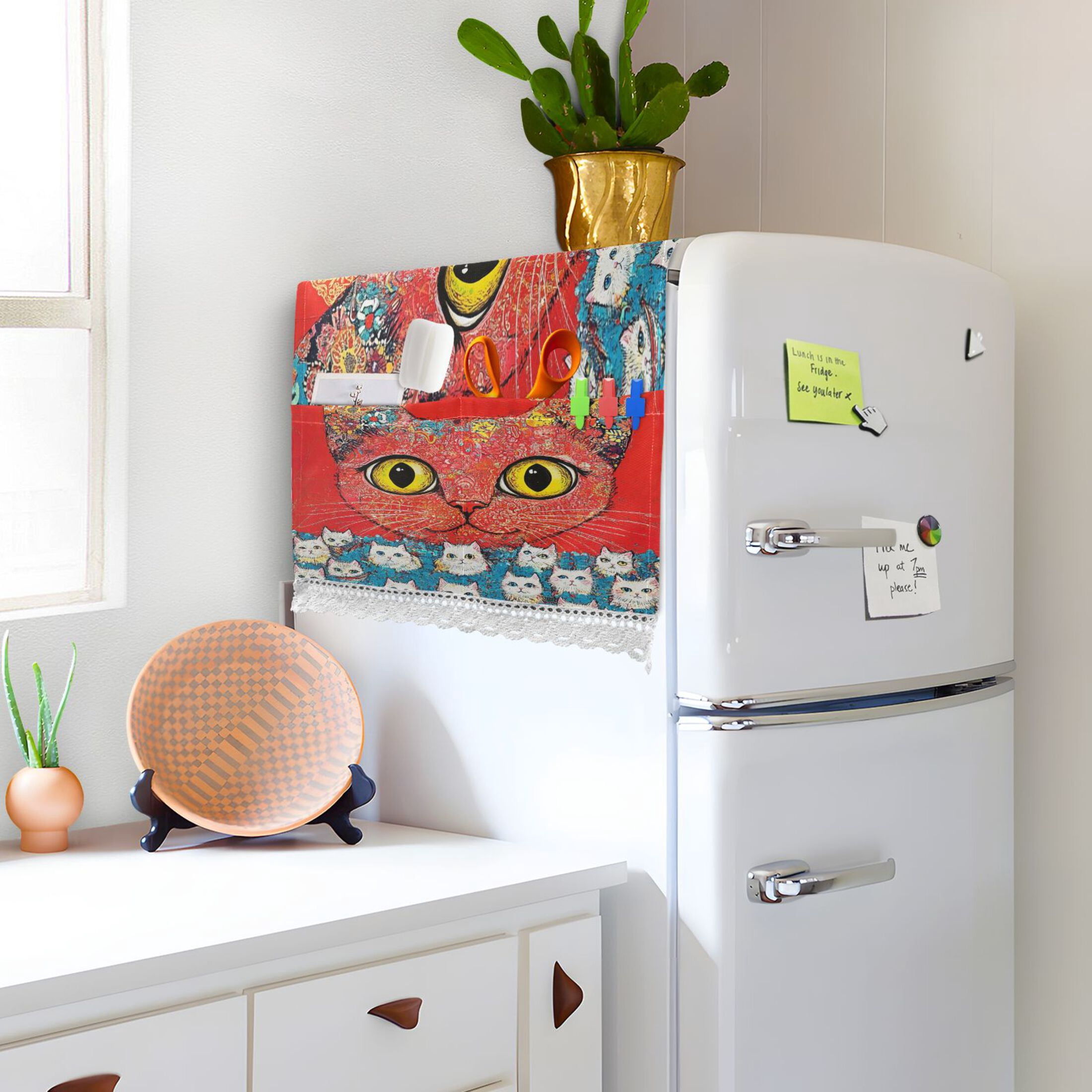 Washing Machine Cover 51.2x22in, Durable Polyester Dust Cover with Lace Trim and Side Pocket for Appliances Graffiti Cat