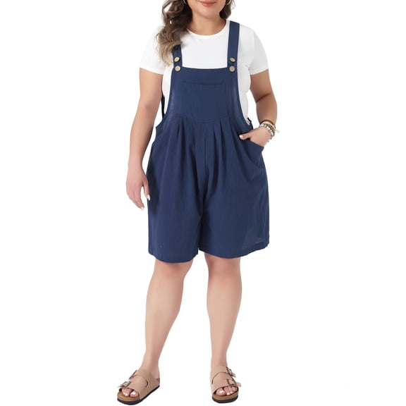 Agnes Orinda Women's Plus Size Overall Shorts Adjustable Strapes Sleeveless Pleated Jumpsuit Rompers Summer Casual Overalls Shortalls with Pocket 1X Navy Blue