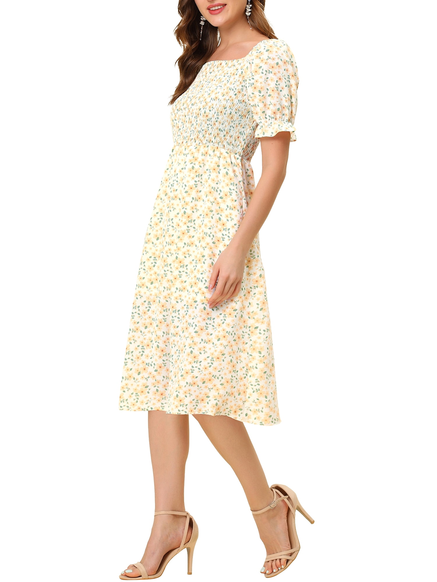 DARING DIVA Square Neck Puff Sleeves Smocked Waist Midi Floral Dres XS Orange