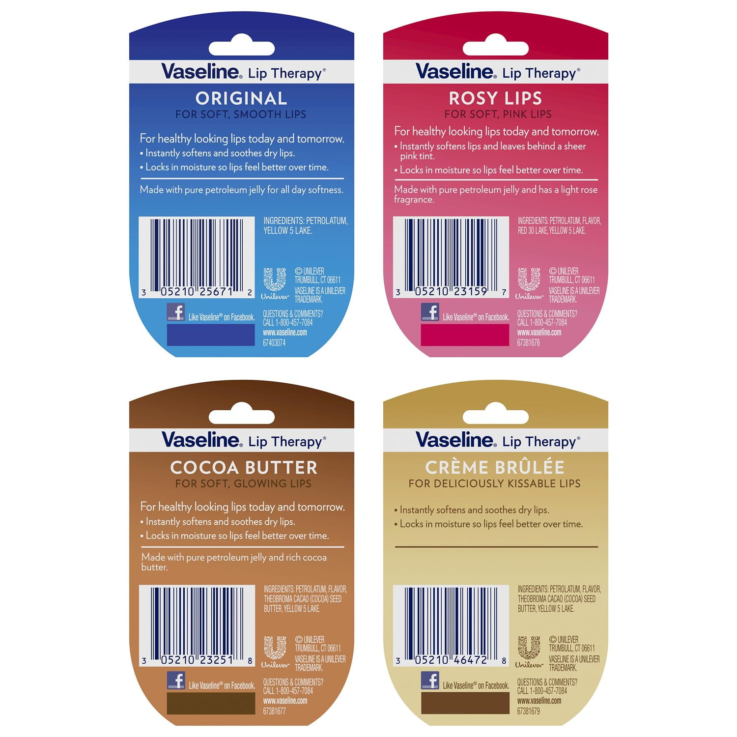 Vaseline Lip Therapy Rosy Lips, Cocoa Butter, Creme Brulee, Original - Vaseline Lip Balm, Tinted and Clear Lip Gloss Set, 2 of Each, 0.25 Oz Ea (8 Piece Set) BE4