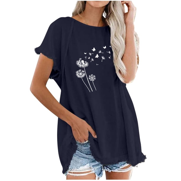 Blusa de manga corta con estampado regular de flecos y cuello redondo de algodón y cáñamo para mujer OAVQHLG3B Store lin121212