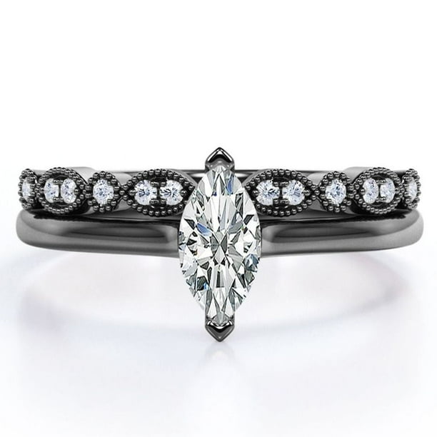 JeenMata Anillo Solitario de Talla Marquesa de 1,75 Quilates Conjunto de Boda Festoneado Estilo Art Déco: Baño de Oro Negro de 18 K sobre Plata (Personaliza la Banda de Tu Anillo de Bodas)