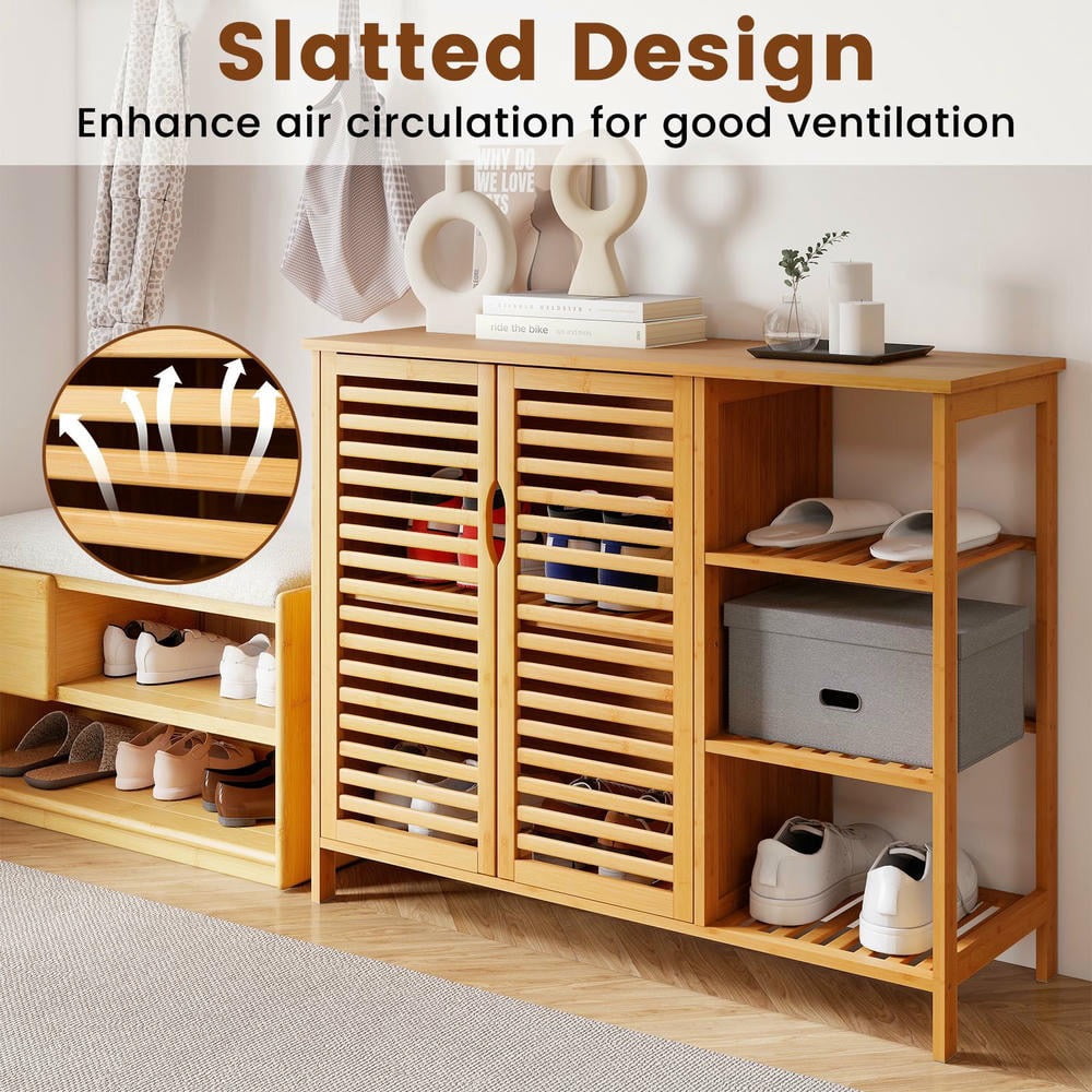 Kadyn 2-Door Bamboo Bathroom Cabinet Storage Organizer with Shelves for Bathroom Vanity Towels Cosmetics Organizer, Natural