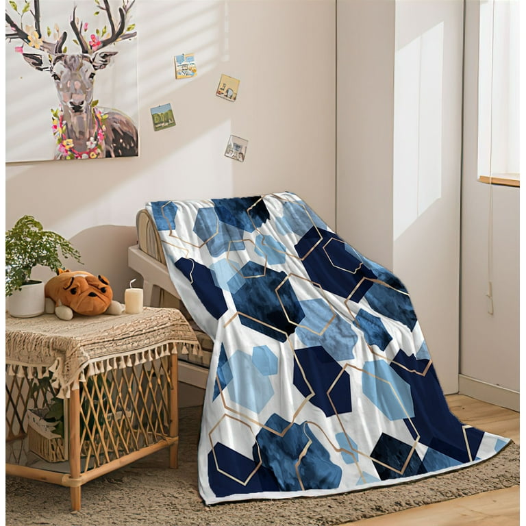 Blue Grey Modern Geometric Chunky Throw Blanket for Couch Bedroom Bedding Decor Office Deep Blue Navy and Gold Foil Abstract Soft Thick Flannel Bed