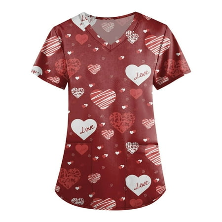

Knosfe Women s Short Sleeve Casual V Neck Pocket Summer Valentine s Day Classic Fit Scrub Top Female Plus Size 2XL