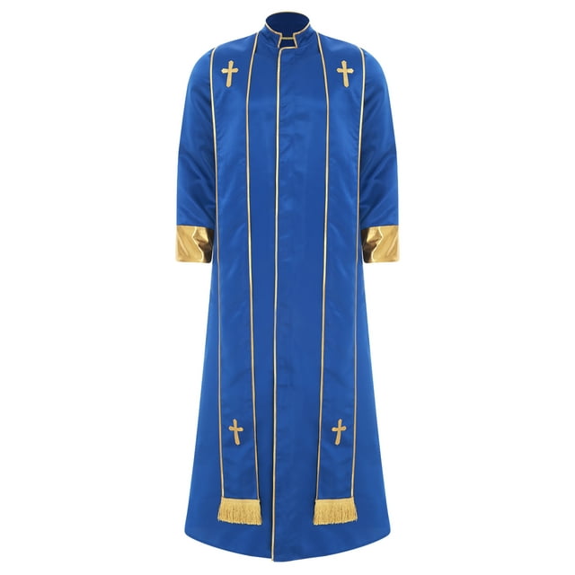 Lejafay Mens Clergy Robes Priest Vestment Church Pope Costumes Gold Cross Pulpit Cassock with Stole Royal Blue M