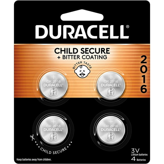 Duracell CR2016 3V Lithium Battery, Child Safety Features, 4 Count Pack, Lithium Coin Battery for Key Fob, Car Remote, Glucose Monitor, CR Lithium 3 Volt Cell