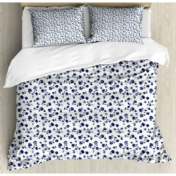 Floral Duvet Cover Set, Art of Blossoming Flowers Romantic of Love, Decorative 3 Piece Bedding Set with 2 Pillow Shams, Calking Size, Dark Blue Pale Blue, by Ambesonne