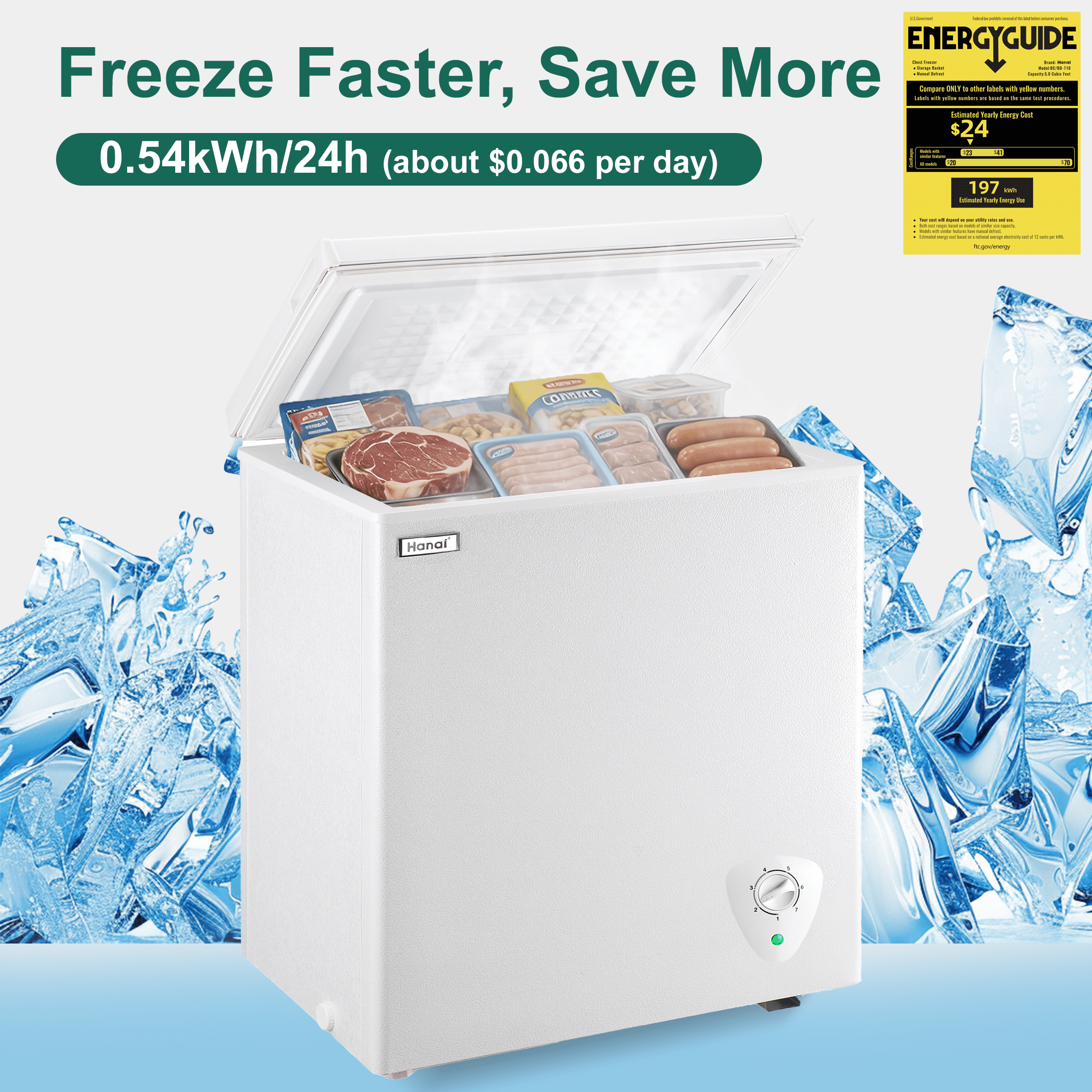 WANAI 5.0 Cubic Chest Freezer, Compact Deep Freezer,White