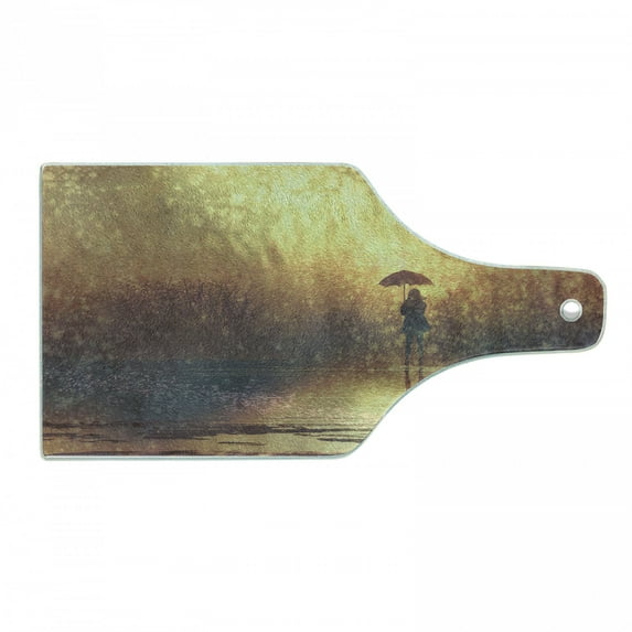 Modern Cutting Board, Silhouette of Lonely Woman Under Rain with Umbrella Dramatic Paint Picture, Tempered Glass Cutting and Serving Board, Wine Bottle Shape, Pale Caramel Yellow, by Ambesonne