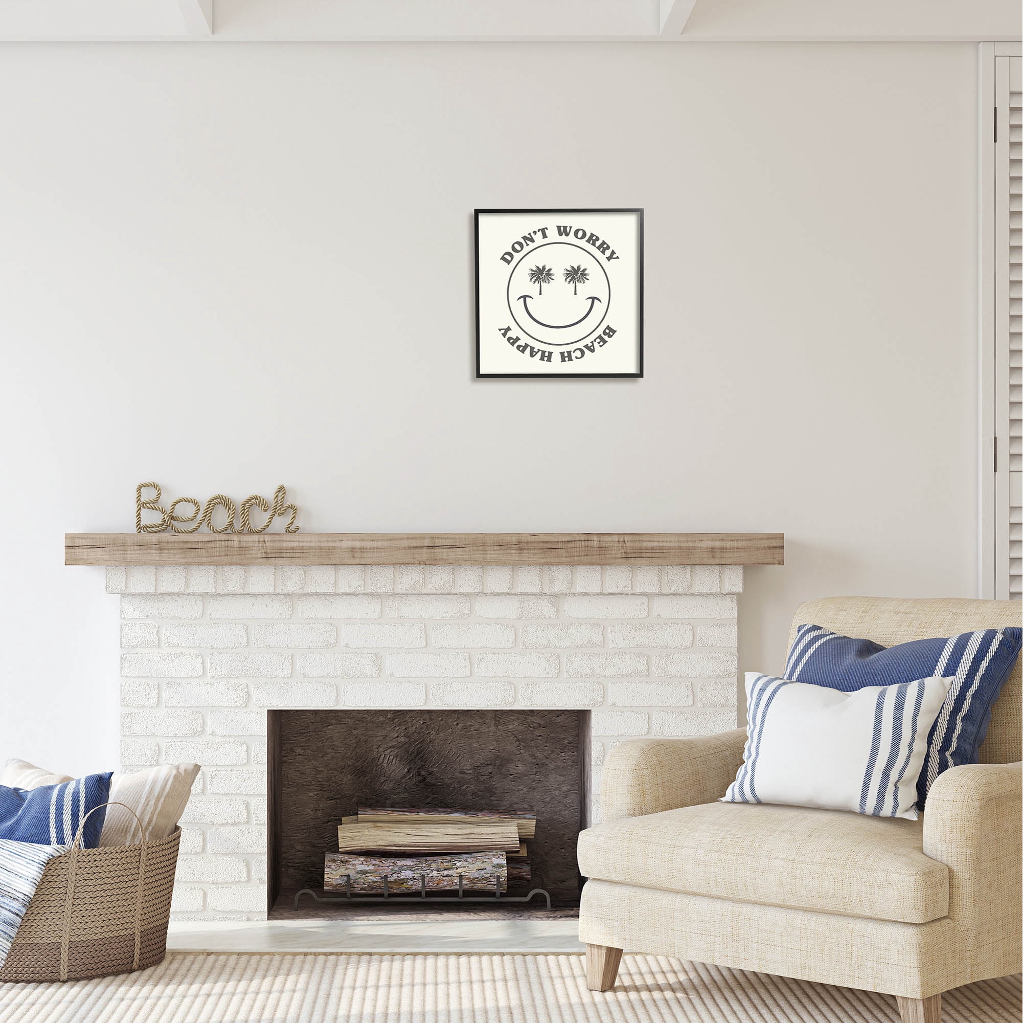 Stupell Industries Don't Worry Beach Happy Smile Coastal Painting Black Framed Art Print Wall Art
