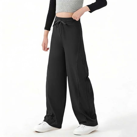 PiGOGI Kids Wide Leg Pants Solid Color Loose Casual Trousers with Elastic Waist Spring Summer Lightweight Long Pants for Boys Girls Black 4-5Years