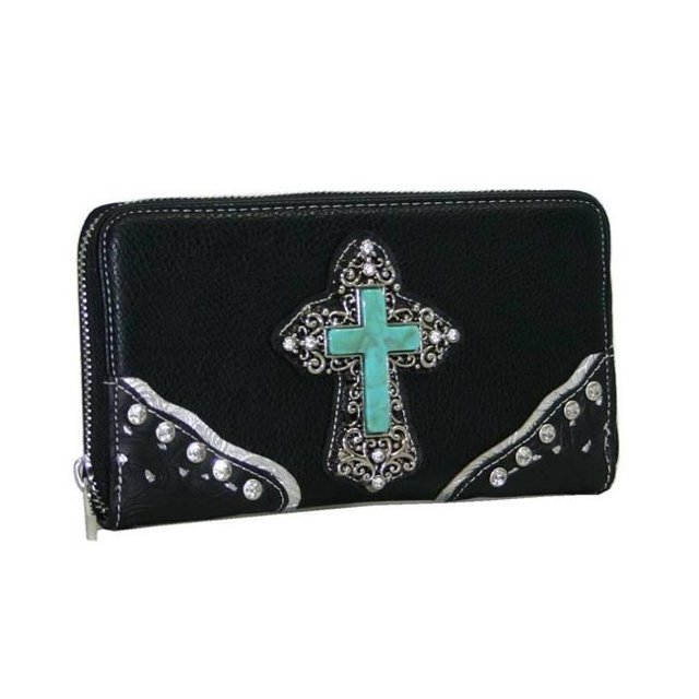 Western Zip Around Rhinestone Cross Wallet, Black