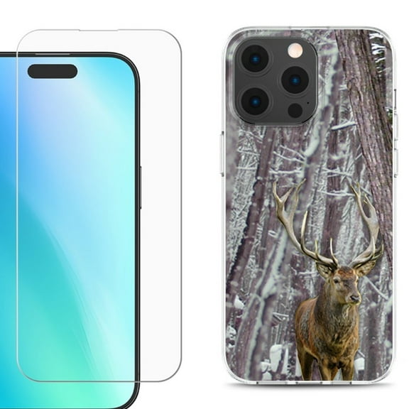 For iPhone 16 Pro Max Phone Case Cover, Shockproof Case with Tempered Glass Screen Protector, by OneToughShield - Deer/Snow/Camo